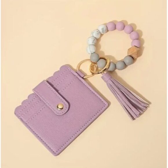 Lavender Keychain Wallet With Beaded Bracelet & Tassel NEW‎ - Picture 1 of 2